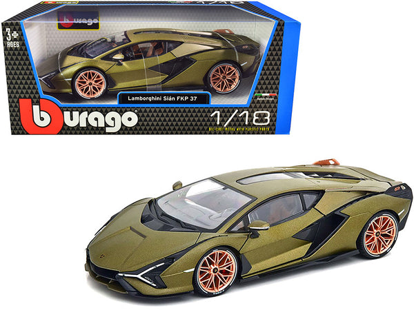 Lamborghini Sian FKP 37 Matt Green Metallic with Copper Wheels 1/18 Diecast Model Car by Bburago-0
